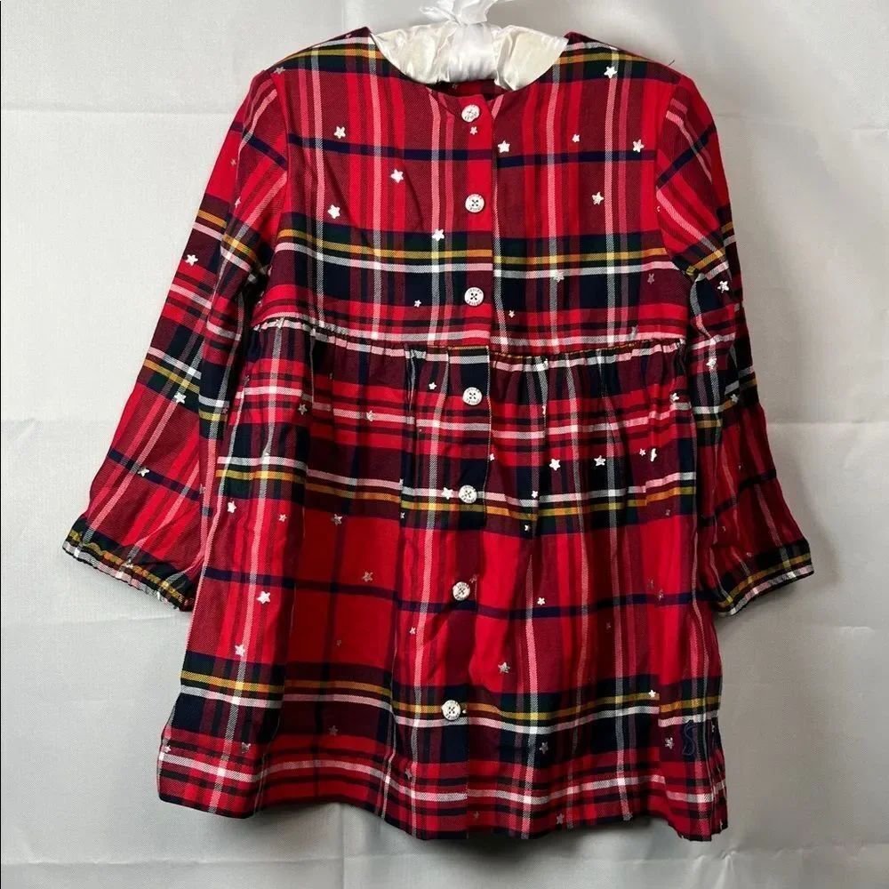 Joules Red and black Plaid with silver stars long sleeve dress size 12-18 months